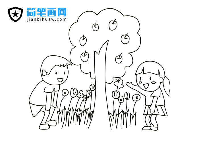 兩位小朋友在蘋果樹下賞花的簡筆畫圖片